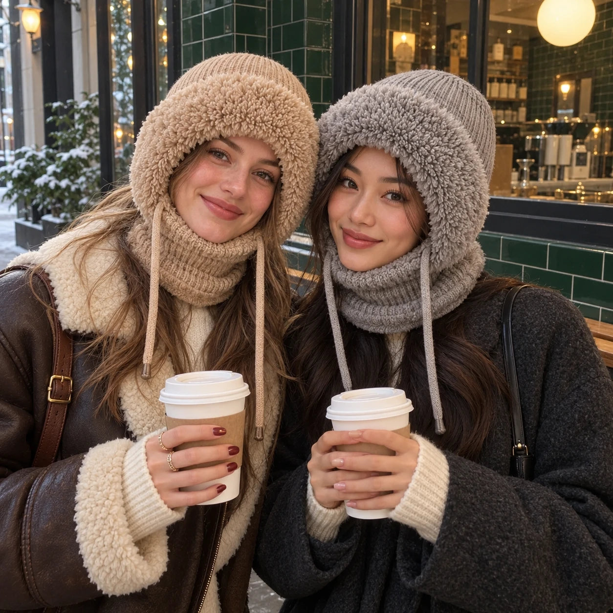 Friends wearing Oat and Stone beanies with their winter coats