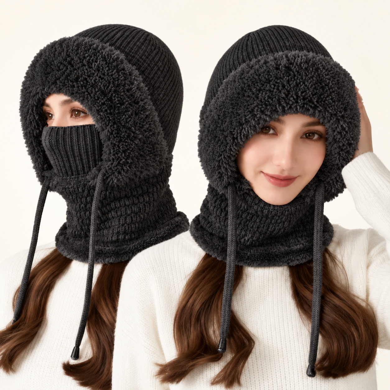 Charcoal 3-in-1 beanie with face panel raised and lowered