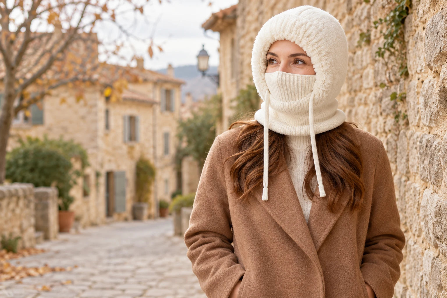 Ivory beanie with the face panel raised on a village walk