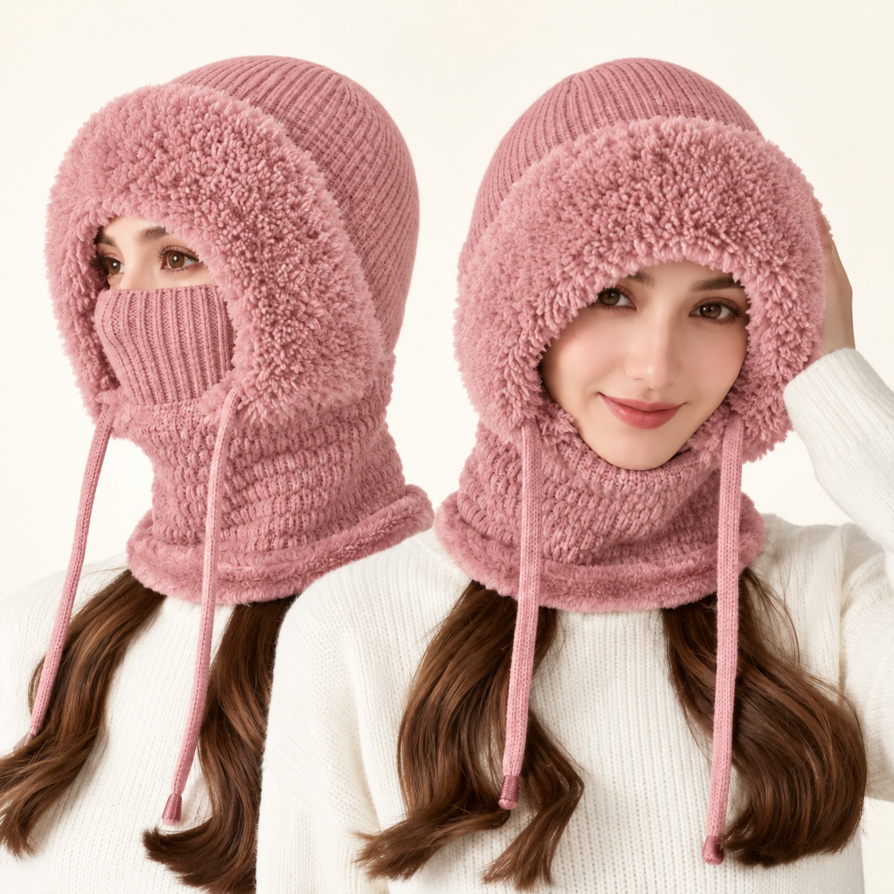 Rose 3-in-1 beanie with face panel raised and lowered